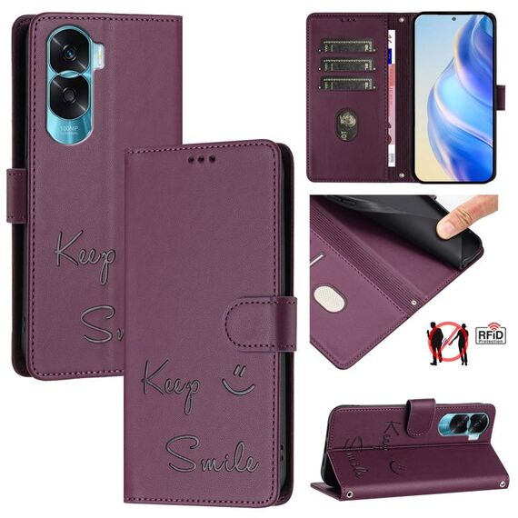 Per Honor 90 Lite 5G/X50i 5G Smile Embossing RFID Custodia in pelle per telefono (viola)
