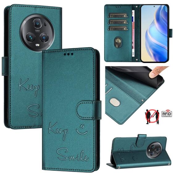 Custodia per telefono in pelle con stampa RFID per Honor Magic5 Pro Smile (verde pavone)