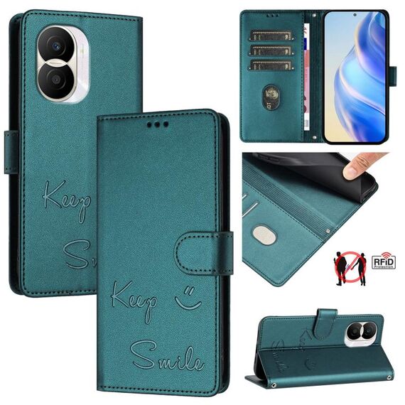 Custodia per telefono in pelle con stampa RFID Smile Embossing per Honor X40i 5G (verde pavone)