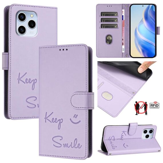 Custodia per telefono in pelle RFID con stampa a sorriso per Honor 60 SE 5G (viola chiaro)