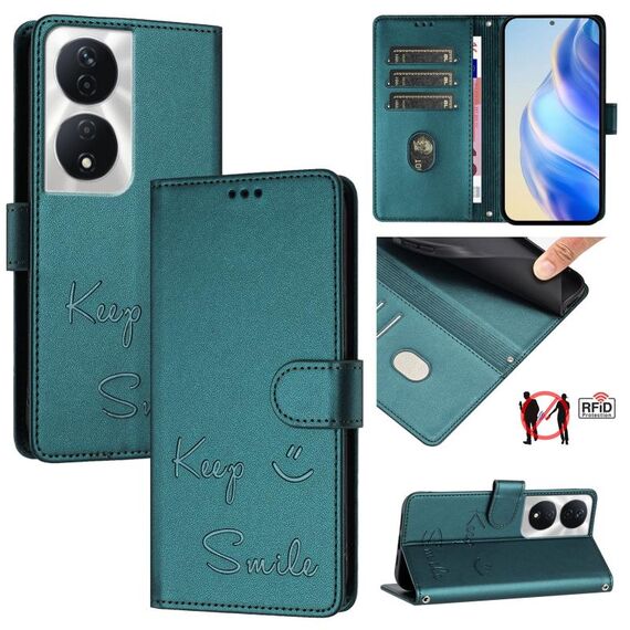 Custodia per telefono in pelle RFID con stampa a sorriso per Honor Play 50 Plus 5G (verde pavone)