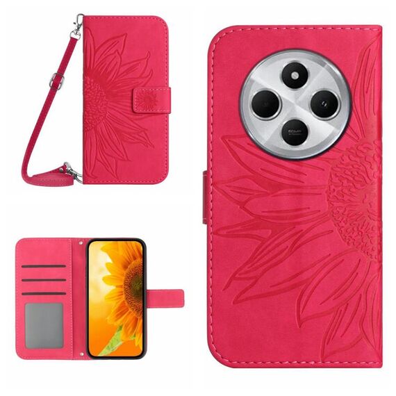 Per Redmi 14C 4G Custodia in pelle con stampa a fiore di sole e cordino (rosso rosa)