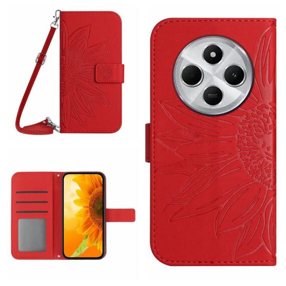 Per Redmi 14C 4G Custodia in pelle con motivo a fiore di sole in rilievo e cordino (rosso)