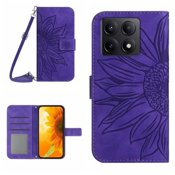 Per Xiaomi 14T 5G Global Skin Feel Sun Flower Custodia in pelle con cordino (viola scuro)