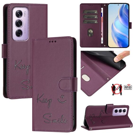 Per OPPO Reno12 Pro Global Smile Embossing RFID Custodia in pelle per telefono (viola)