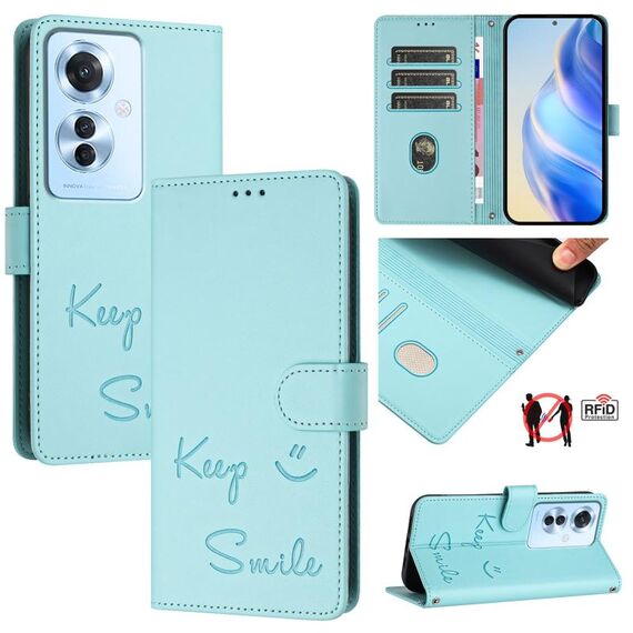 Per OPPO Reno11 F 5G Global Smile Embossing RFID Custodia in pelle per telefono (verde menta)