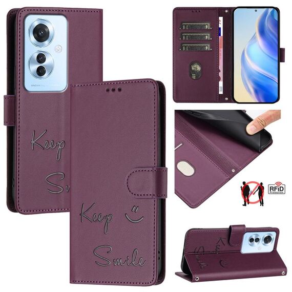Per OPPO Reno11 F 5G Global Smile Embossing RFID Custodia in pelle per telefono (viola)