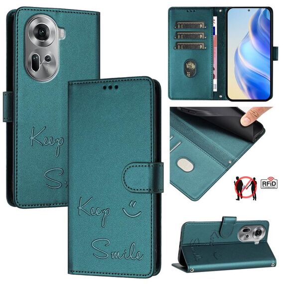 Per OPPO Reno11 5G Global Smile Embossing RFID Custodia in pelle per telefono (verde pavone)