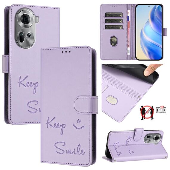 Per OPPO Reno11 5G Global Smile Embossing RFID Custodia in pelle per telefono (viola chiaro)