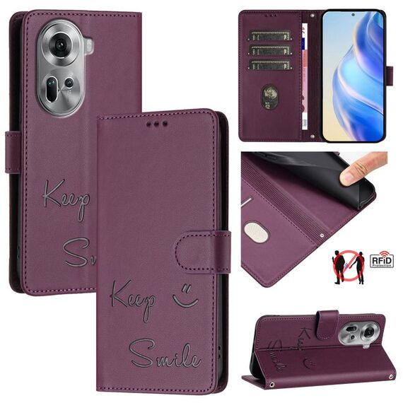 Per OPPO Reno11 5G Global Smile Embossing RFID Custodia in pelle per telefono (viola)