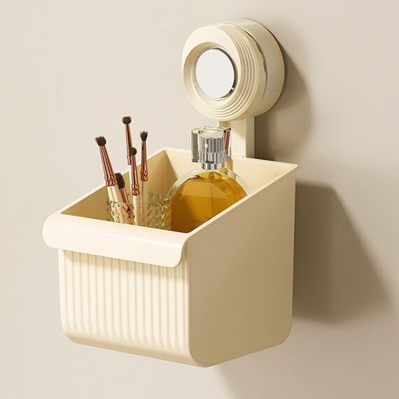 Mensola da bagno a parete con ventosa, scarico, portaoggetti staccabile, cestino appeso, stile: crema piccola
