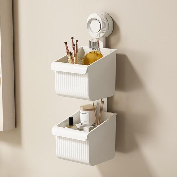 Mensola da bagno a parete con ventosa, scarico, portaoggetti staccabile, cestino appeso, stile: 2 strati, piccolo, bianco