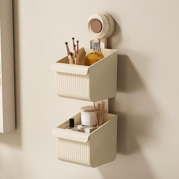Mensola da bagno a parete con ventosa, scarico, portaoggetti staccabile, cestino appeso, stile: 2 strati, piccolo, marrone