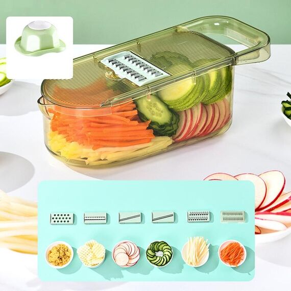 Tritatutto da cucina per frutta e verdura con protezione per le mani, per patate, cetrioli, affettatrice, stile: set da 6 lame + cestello scolapasta