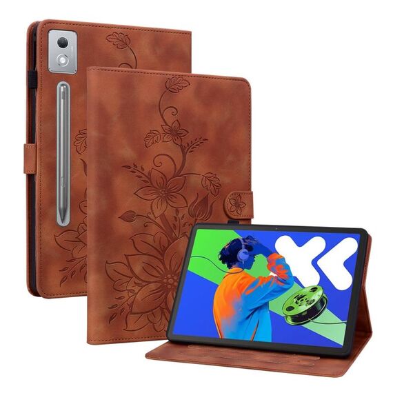Per Lenovo Tab P12 12.7 2025 Custodia per tablet in pelle goffrata Lily (marrone)
