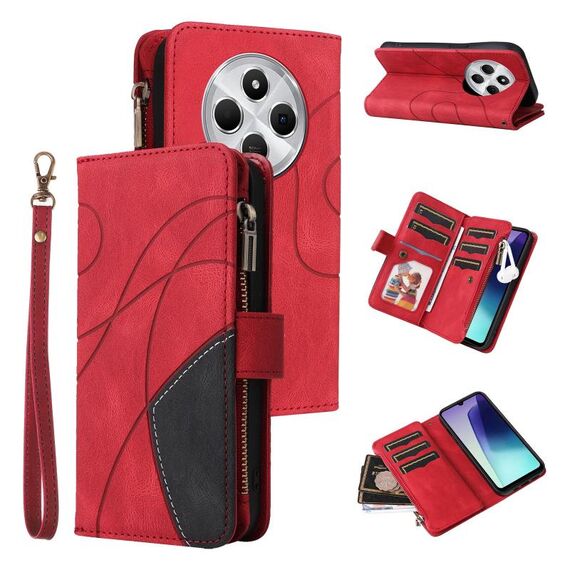 Per Redmi 14C 4G Global Dual-color 9 Card Slots Zipper Wallet Custodia per telefono in pelle (rosso)
