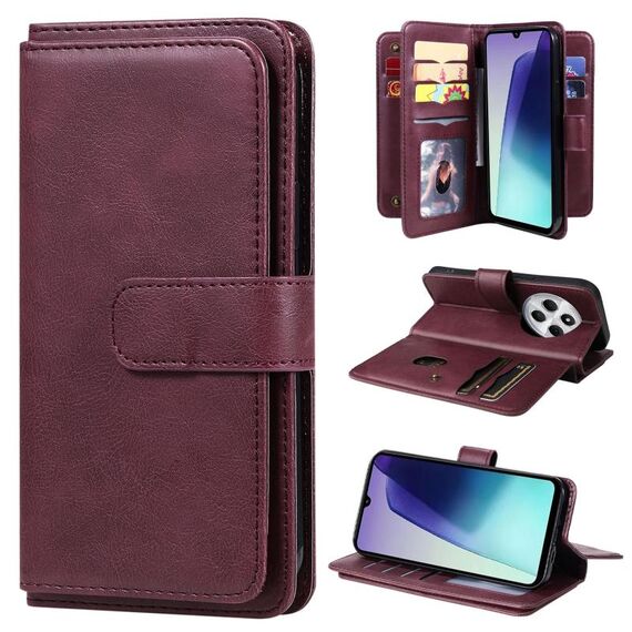 Per Redmi 14C 4G Global Multi-Function Wallet 10 Card Slots Custodia per telefono in pelle (Claret)