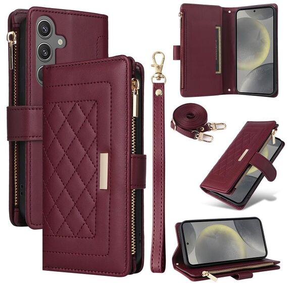 Per Samsung Galaxy S24 5G Portafoglio con cerniera a tracolla in pelle a rombi (rosso vino)