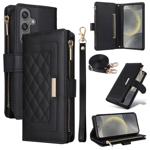 Per Samsung Galaxy S24+ 5G Portafoglio con cerniera a tracolla in pelle a rombi (nero)
