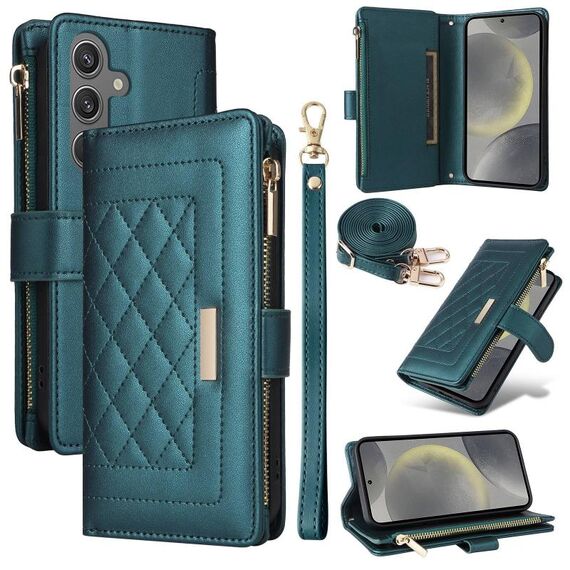 Per Samsung Galaxy S24+ 5G Portafoglio con cerniera a tracolla in pelle a rombi (verde)