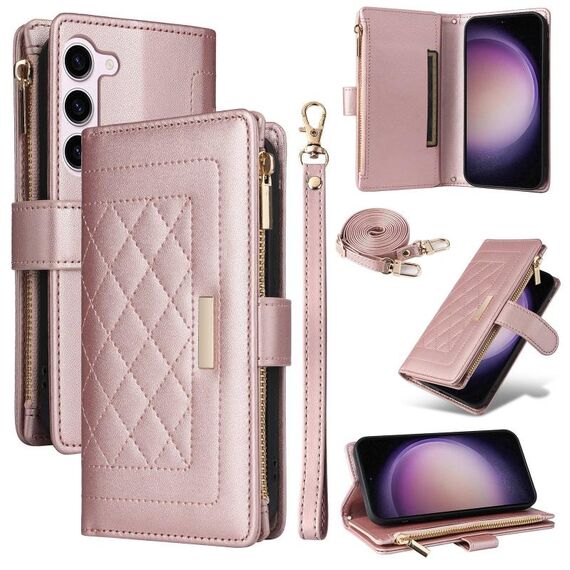 Per Samsung Galaxy S23 5G Custodia per telefono in pelle con cerniera a rombo (oro rosa)