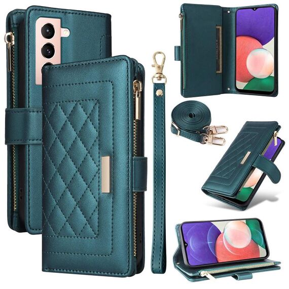Per Samsung Galaxy S22+ 5G Portafoglio con cerniera a tracolla in pelle a rombi (verde)