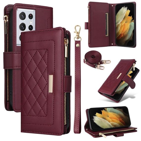 Per Samsung Galaxy S21 Ultra 5G Custodia per telefono in pelle con cerniera a rombi e tracolla (rosso vino)