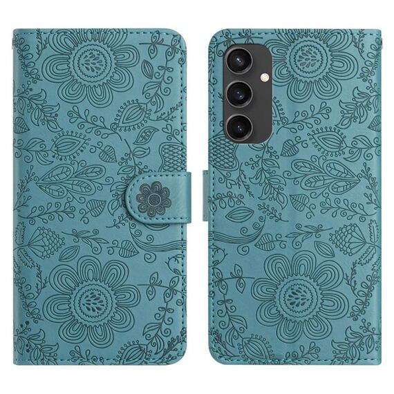 Per Samsung Galaxy S24 FE 5G Custodia in pelle con motivo floreale in rilievo (verde scuro)