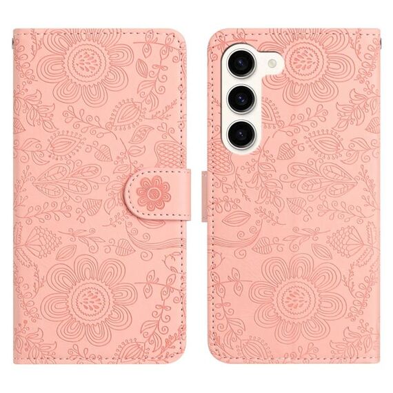 Per Samsung Galaxy S23+ 5G Custodia in pelle con motivo floreale in rilievo (rosa)