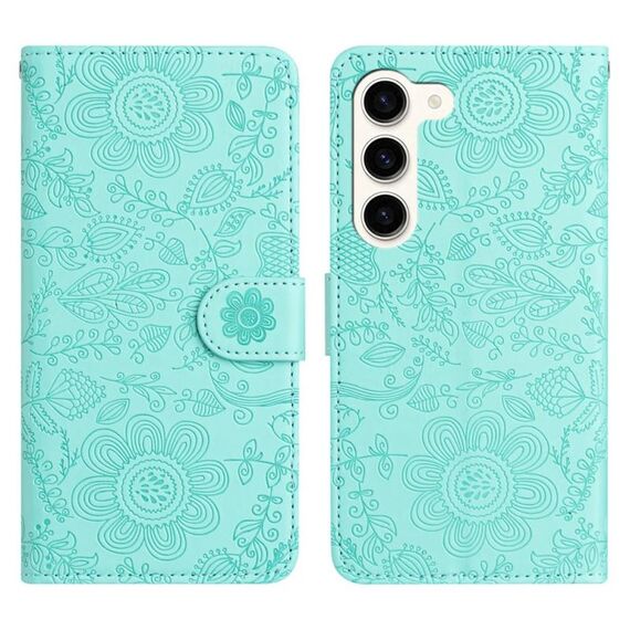 Per Samsung Galaxy S23+ 5G Custodia in pelle con motivo floreale in rilievo (verde chiaro)