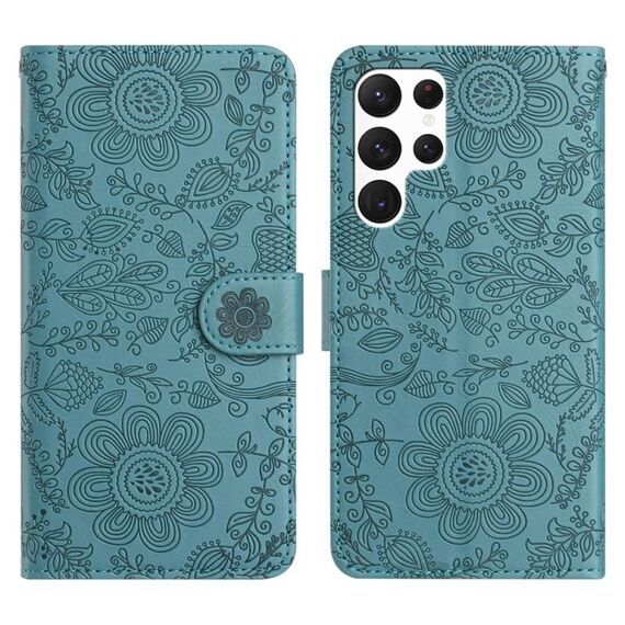 Per Samsung Galaxy S22 Ultra 5G Custodia in pelle con motivo floreale in rilievo (verde scuro)