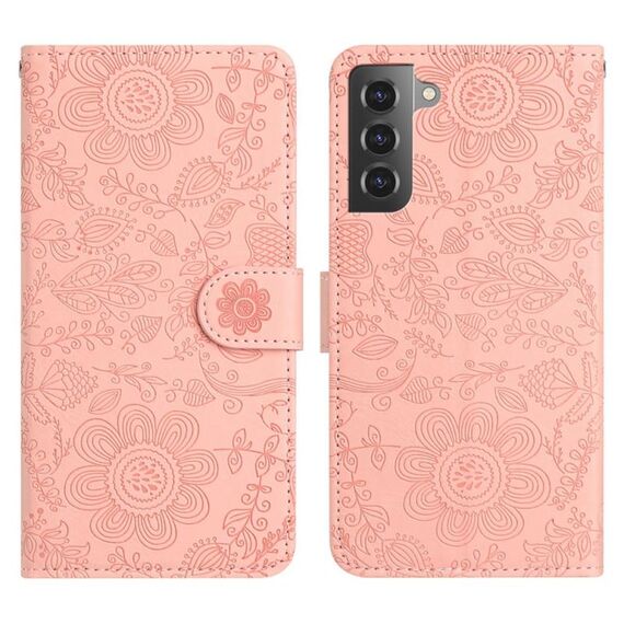 Per Samsung Galaxy S22 5G Custodia in pelle con motivo floreale in rilievo (rosa)