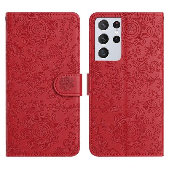 Per Samsung Galaxy S21 Ultra 5G Custodia in pelle con motivo floreale in rilievo (rosso)