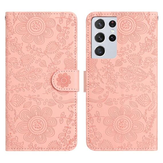 Per Samsung Galaxy S21 Ultra 5G Custodia in pelle con motivo floreale in rilievo (rosa)