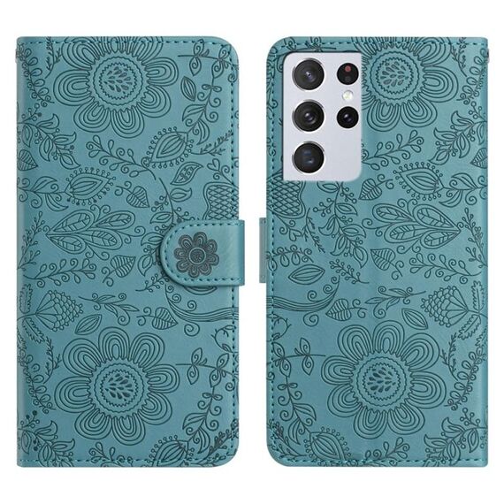 Per Samsung Galaxy S21 Ultra 5G Custodia in pelle con motivo floreale in rilievo (verde scuro)