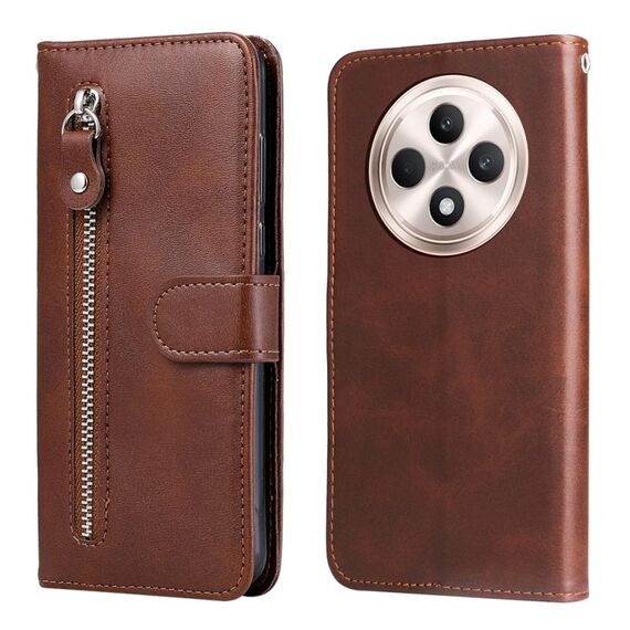 Per OPPO Reno12 F 4G Custodia per telefono in pelle con cerniera e texture di vitello alla moda (marrone)