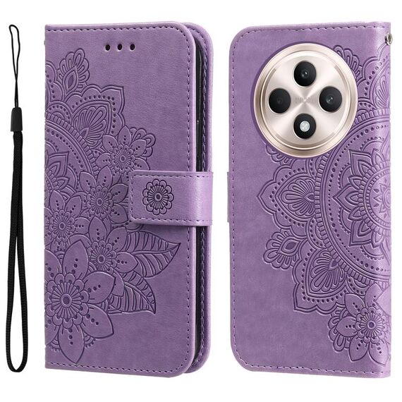 Per OPPO Reno12 F 4G Custodia in pelle con stampa a fiori a sette petali (viola chiaro)