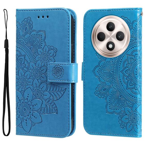 Per OPPO Reno12 F 4G Custodia in pelle con stampa a fiori a sette petali (blu)