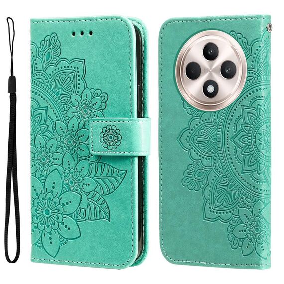 Per OPPO Reno12 F 4G Custodia in pelle con stampa a fiori a sette petali (verde)