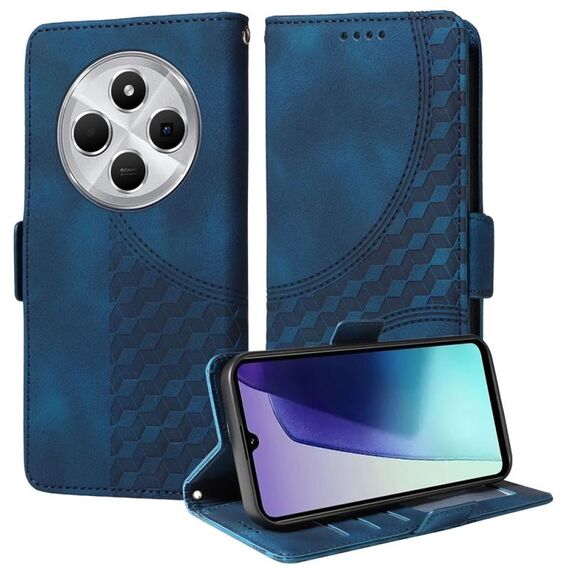 Per Redmi 14C 4G Custodia per telefono in pelle con motivo a rombi e stelle in rilievo (blu)