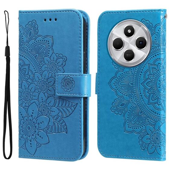 Per Redmi 14C 4G Custodia in pelle con stampa a fiori a sette petali (blu)