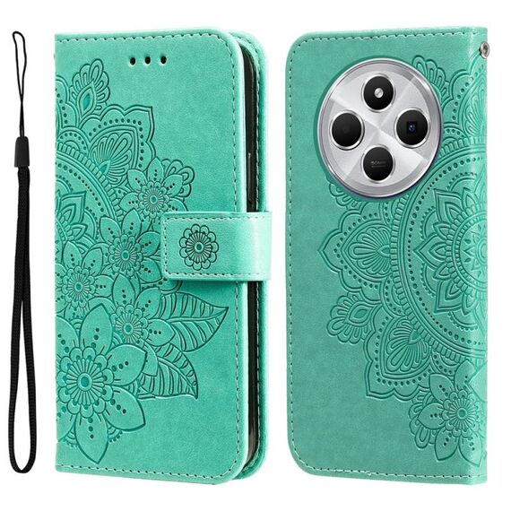 Per Redmi 14C 4G Custodia in pelle con stampa a fiori a sette petali (verde)
