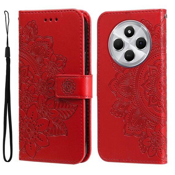 Per Redmi 14C 4G Custodia in pelle con stampa a fiori a sette petali (rosso)