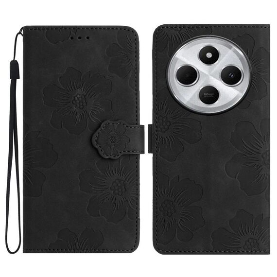 Per Redmi 14C 4G Custodia in pelle con motivo a rilievo floreale (nero)