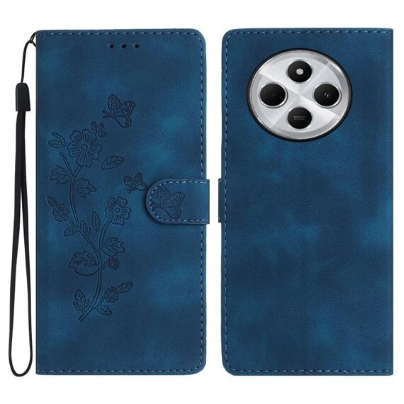 Per Redmi 14C 4G Custodia in pelle con motivo a farfalla e fiore (blu)