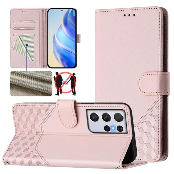 Per Samsung Galaxy S21 Ultra 5G Custodia per telefono in pelle con stampa a nido d'ape RFID (rosa)