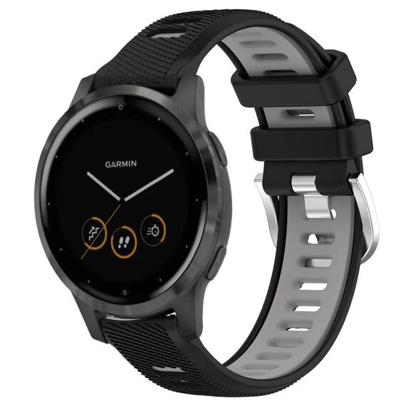 Per Garmin Vivoactive 4S 18mm Cinturino sportivo in silicone con fibbia in acciaio bicolore (nero + grigio)
