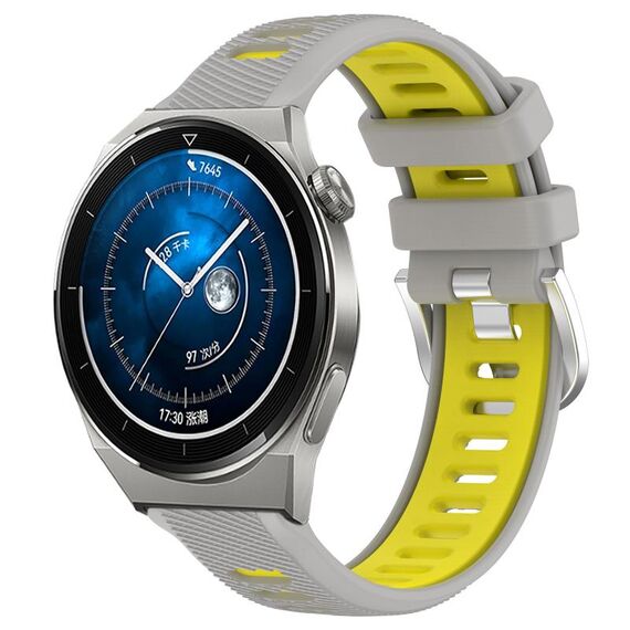 Per Huawei Watch GT3 Pro 43mm 20mm Cinturino sportivo in silicone con fibbia in acciaio bicolore (grigio + giallo)