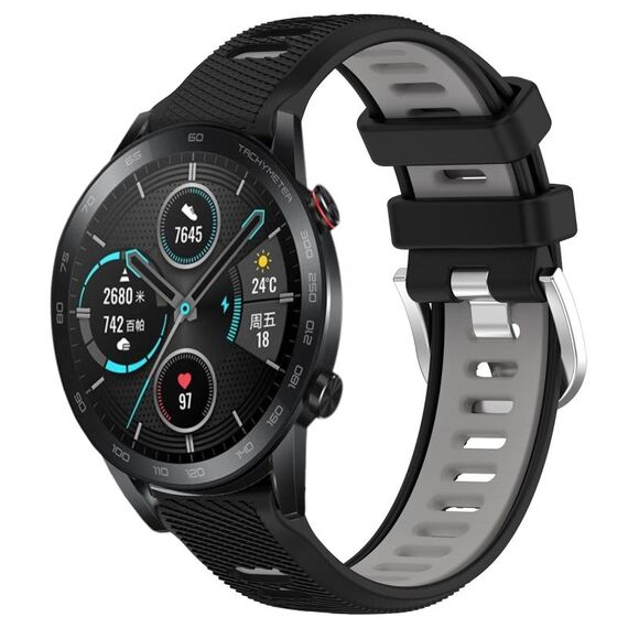 Per Honor MagicWatch2 42mm 20mm Cinturino sportivo in silicone con fibbia in acciaio bicolore (nero + grigio)