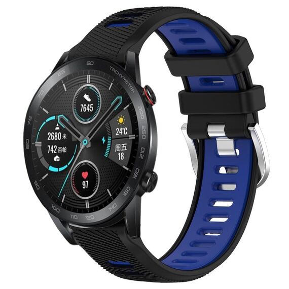 Per Honor MagicWatch2 42mm 20mm Cinturino sportivo in silicone con fibbia in acciaio bicolore (nero + blu)